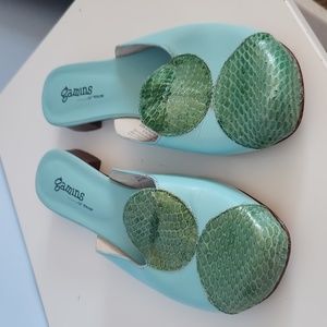 Green and blue snakeskin genuine leather vintage gamins mules